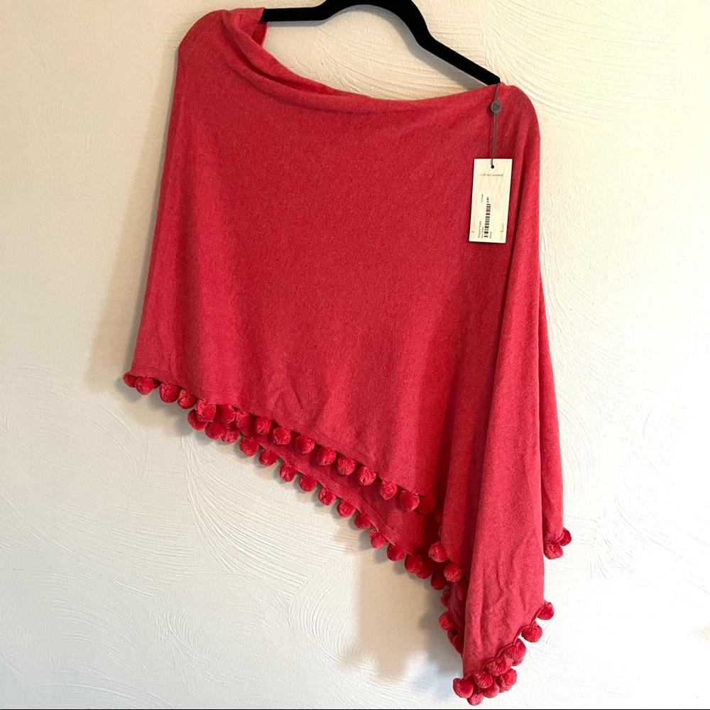NWT Cotton Cashmere Caroline Grace magenta topper scarf or shawl with pompoms